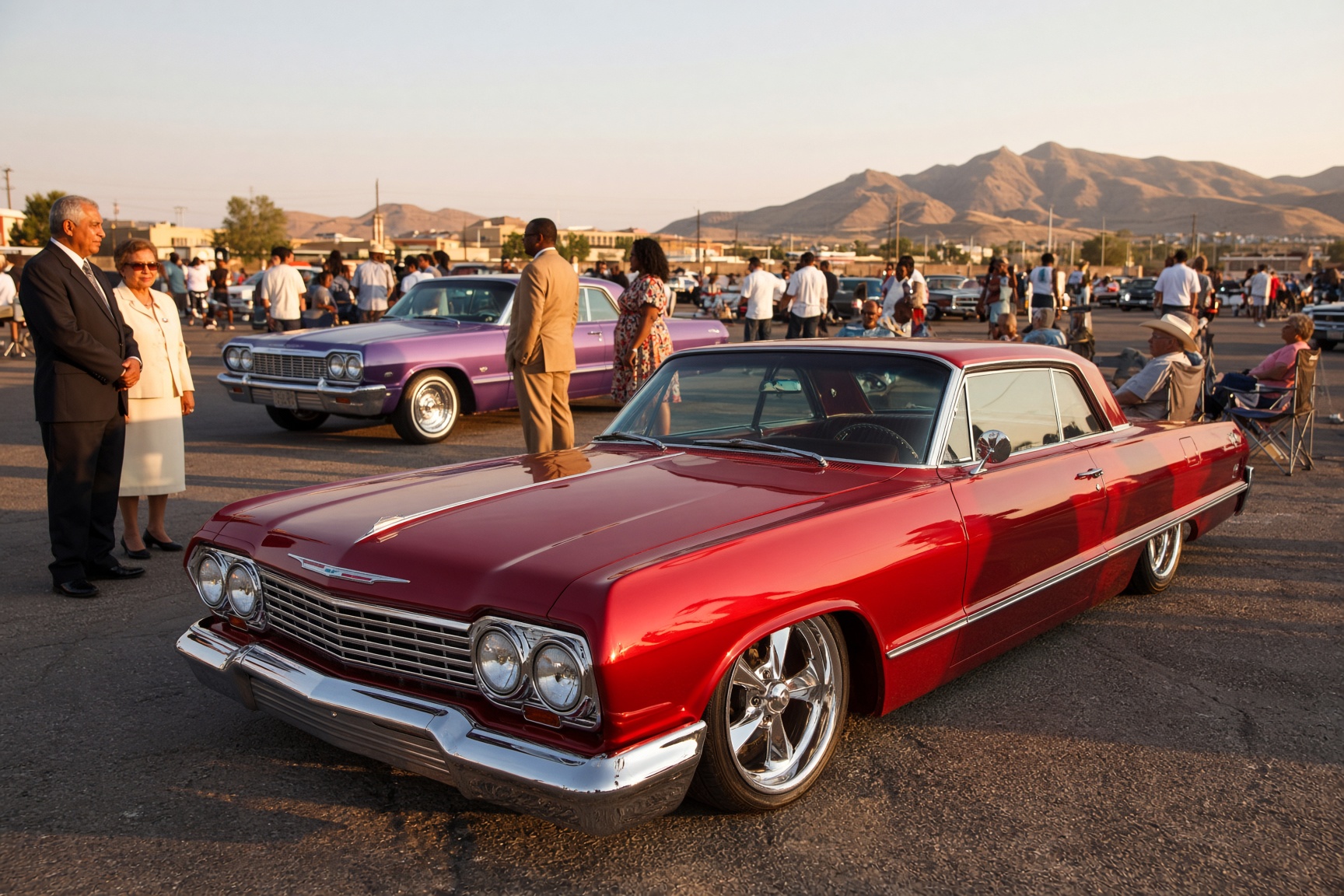 A New Mexico custom-car gathering at dusk