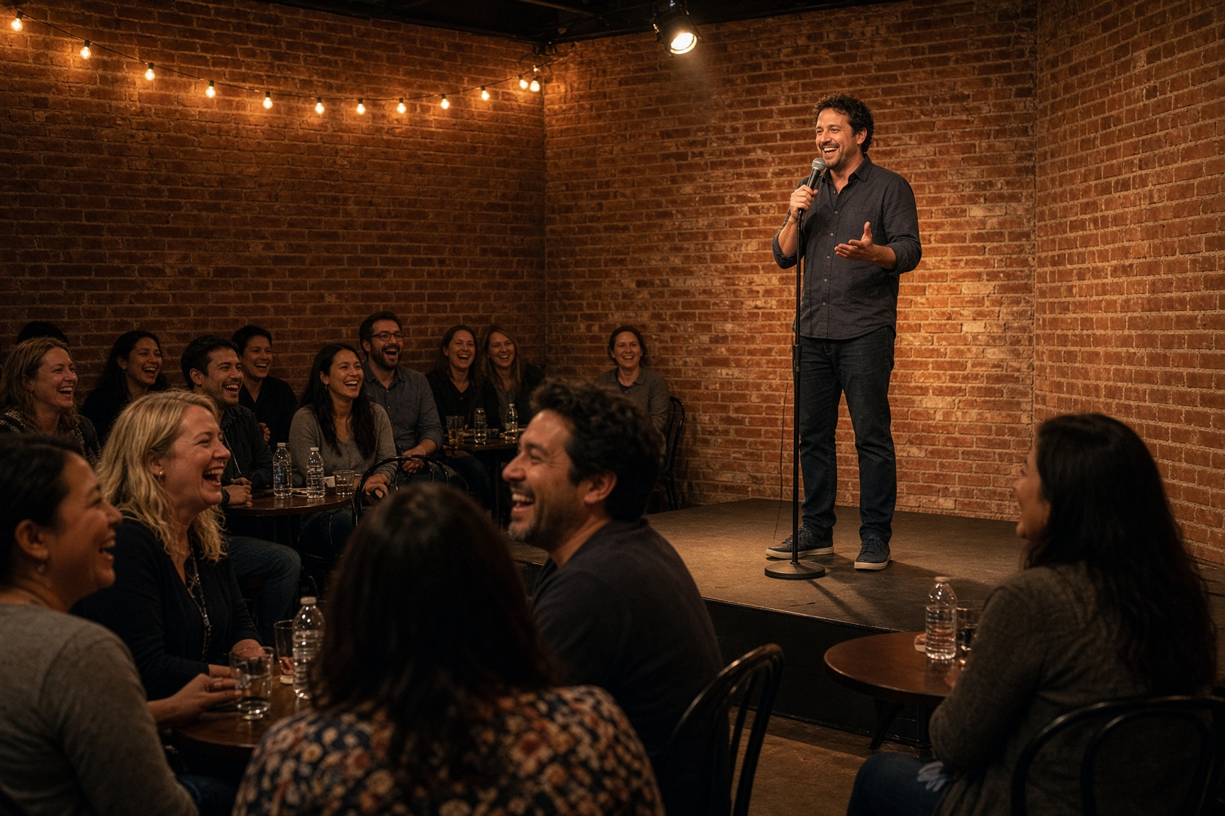 An Albuquerque comedy stage under a single light