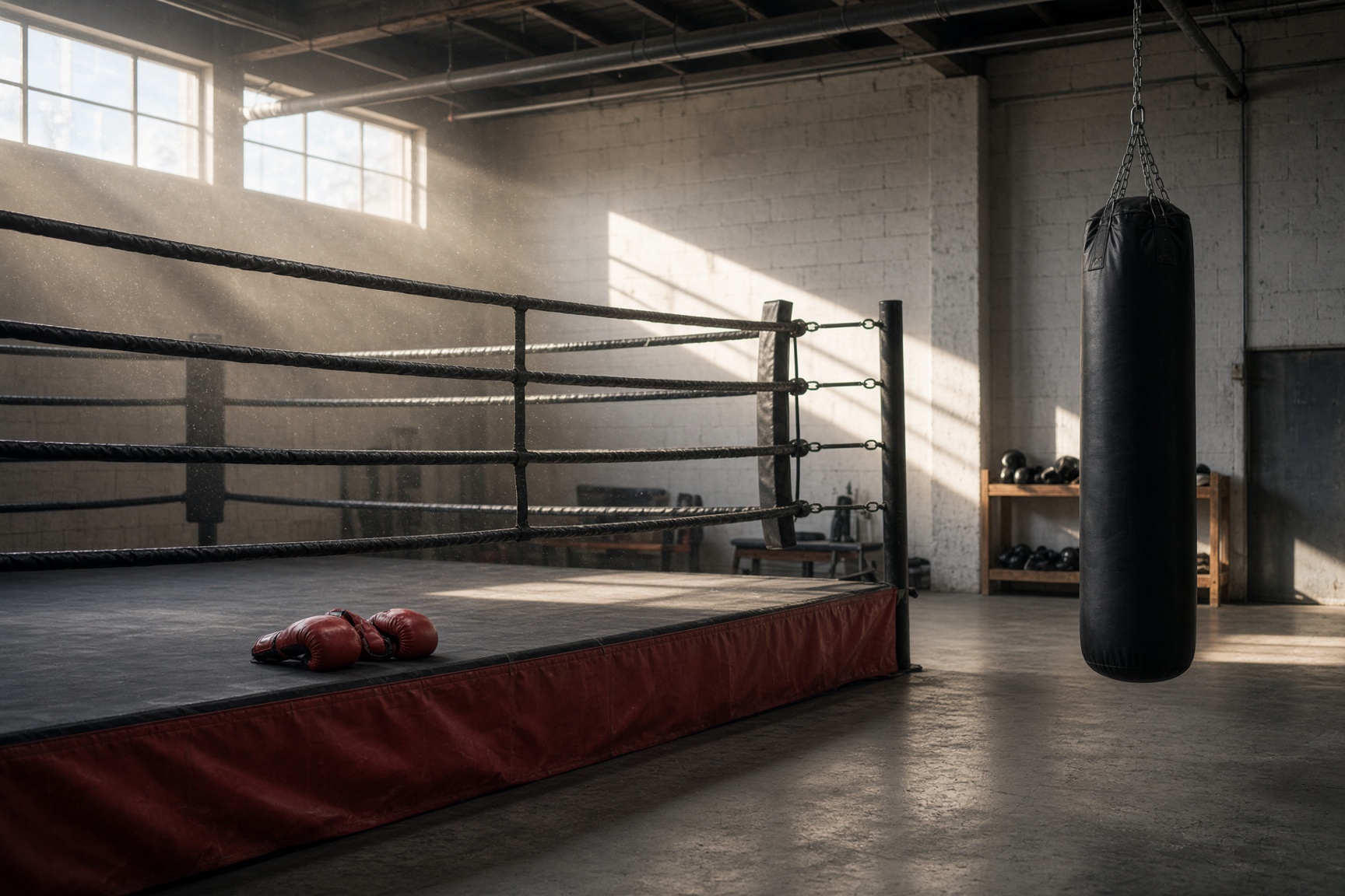 An Albuquerque boxing ring and MMA cage under fight lights