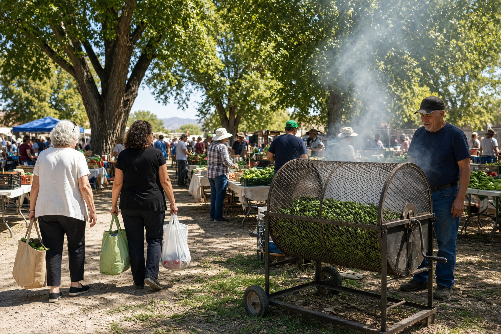 An Albuquerque growers’ market stall with chile and produce