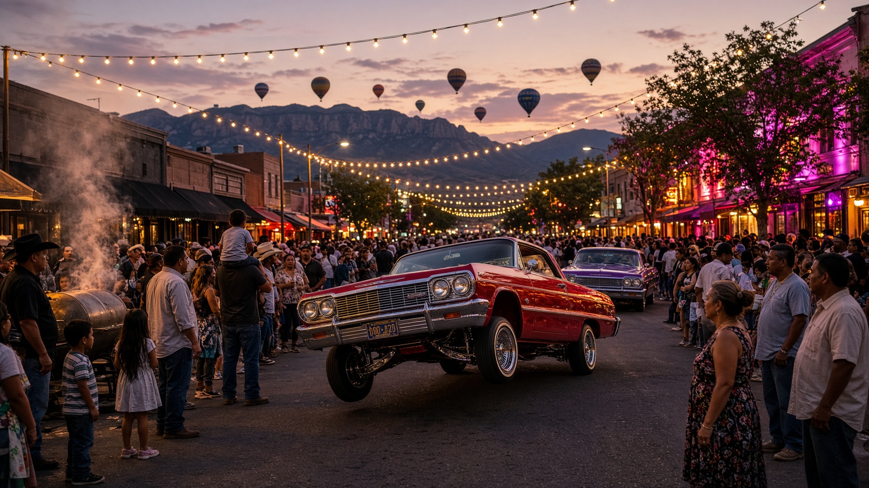 A dusk street festival in Albuquerque, a hopped-up lowrider in the middle of the crowd, balloons over the mountains