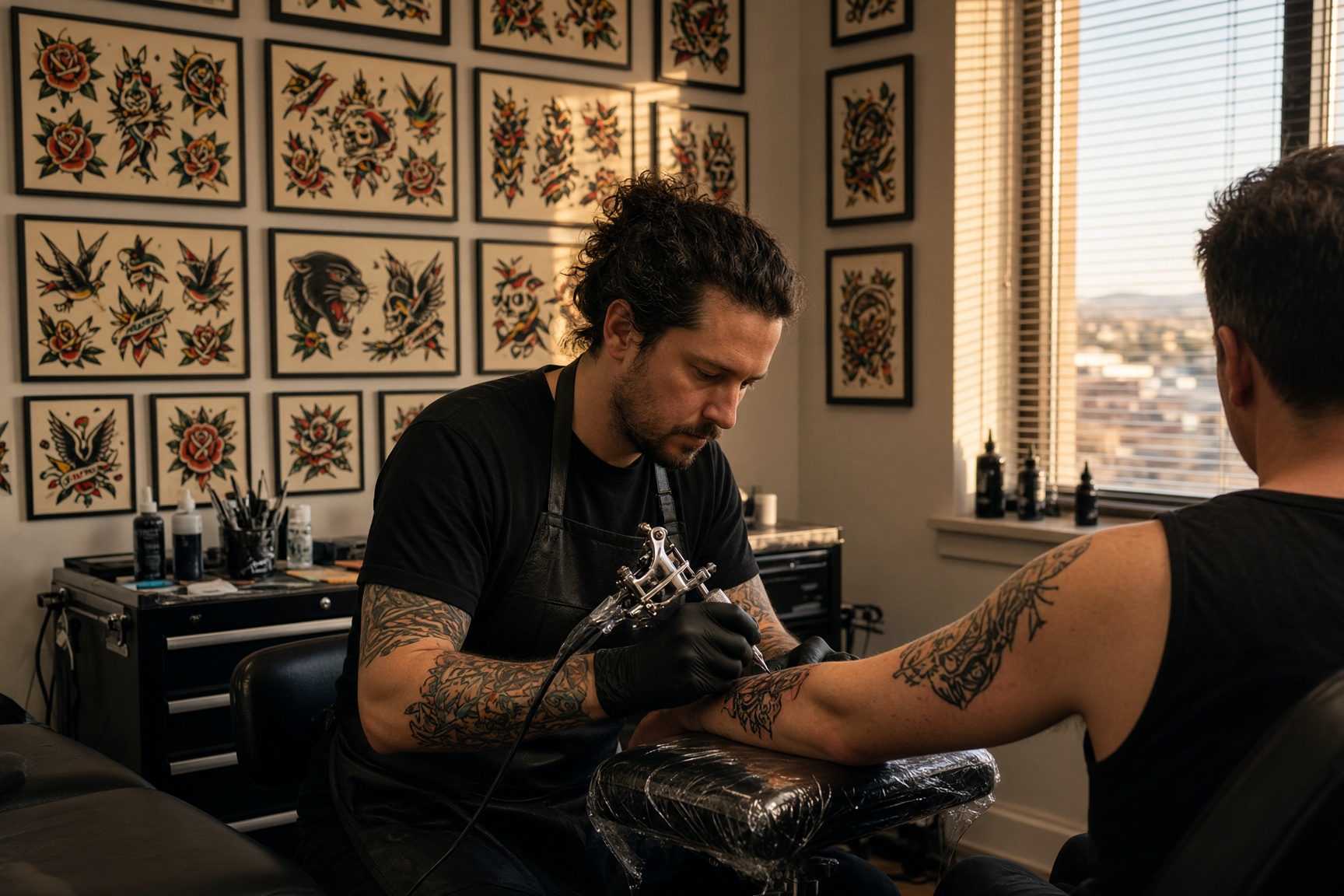Old English tattoo flash and a chrome machine in a 505 shop